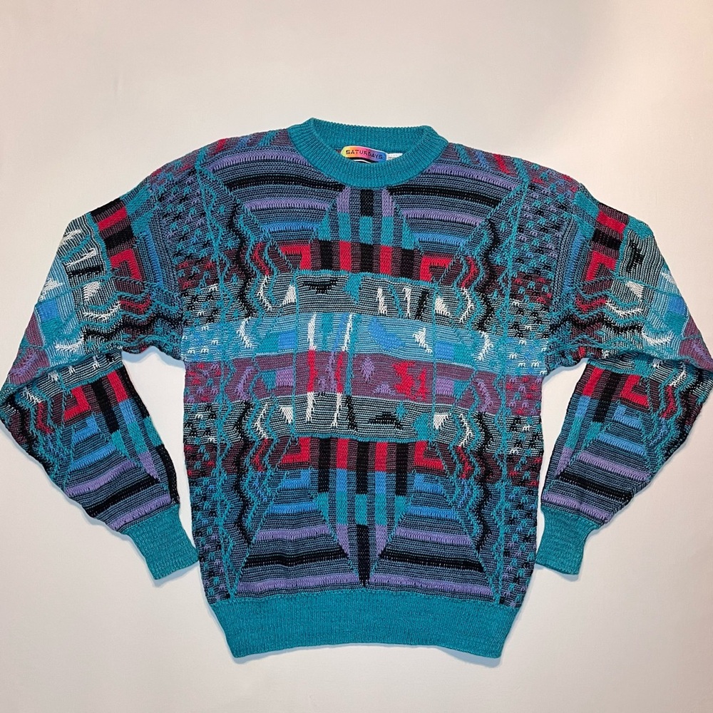 Vintage 90’s SATURDAYS Men's Geometric Knit Sweater Multicolor Pullover Size L